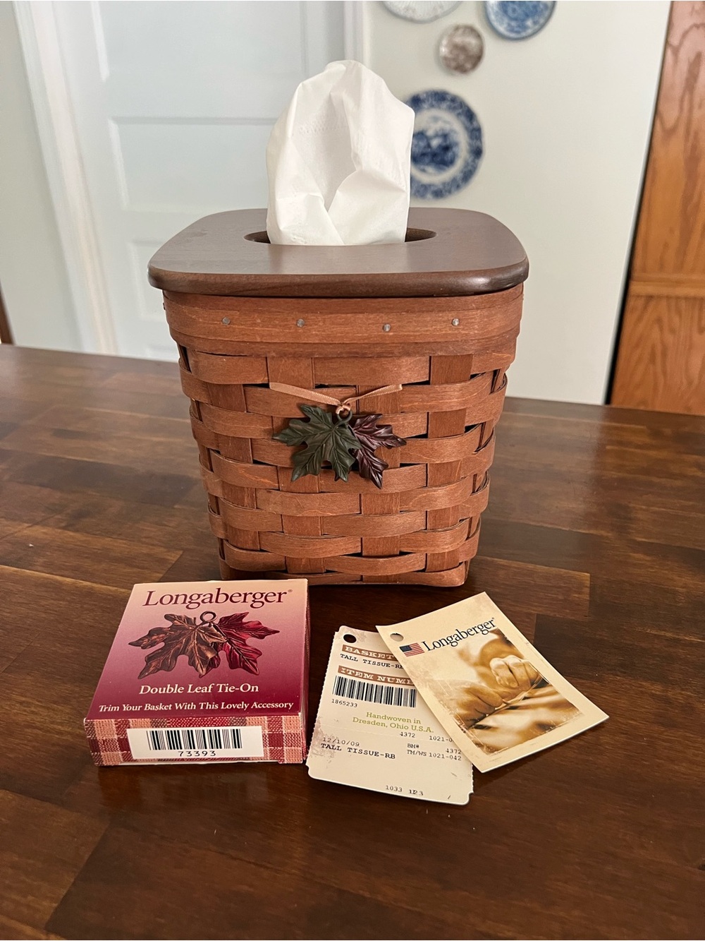 Longaberger Tall Tissue Basket in Dark Stain with Double Leaf Tie-On, 2009